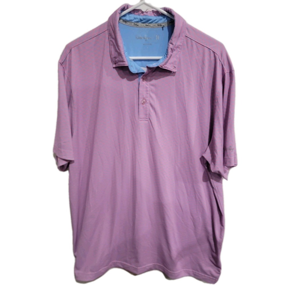Walter Hagen Mens L Golf Polo Shirt Pink Blue Geometric Performance Stretch Peru